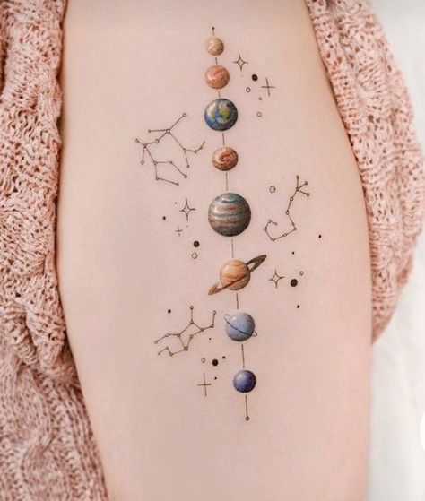 9 Planets Tattoo, Spine Tattoos For Women Planets, Planet Tattoos For Women, Solar System Spine Tattoo, Space Related Tattoos, Drops Of Jupiter Tattoo, Solar System Tattoo Minimalist, Jupiter Tattoo, Planets Tattoo