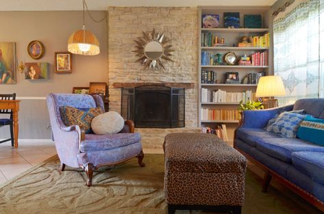 Austin, TX: Rachel & Scott Anderson - Eclectic - Living Room - Austin - by Sarah Greenman | Houzz Books Design Ideas, Fireplace Pictures Ideas, Projector Screen Ideas, Diy Upholstery, Fireplace Pictures, Best Projector, Books Design, Eclectic Living, Colorful Textiles