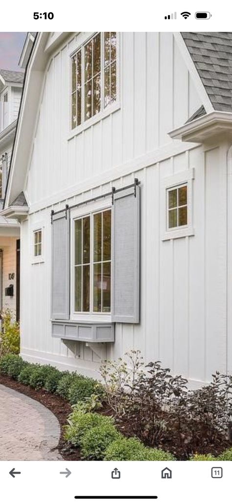 White Shutters, White Siding, Farmhouse Exterior Design, Vertical Siding, Primitive Homes, Home Bunch, Shutters Exterior, Modern Farmhouse Exterior, House Siding