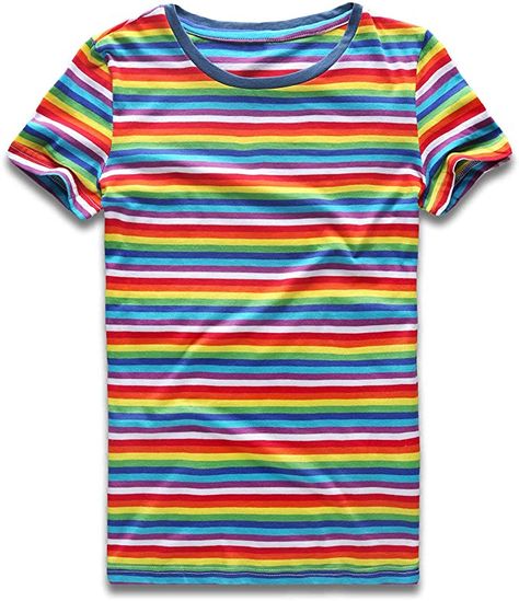 Rainbow T Shirt Women Striped Tee Crew Neck Short Sleeve Stripes Tops Fashion XL at Amazon Women’s Clothing store Chucky Costume For Kids, Kidcore Shirt, Printed Dress Outfit, Rainbow T Shirt, Office Wear Women, Rainbow Outfit, Tops Fashion, Collars For Women, Striped Sleeve