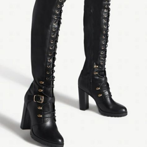 An Over-The-Knee Combat Boot Featuring A High Block Heel, Decorative Buckle Strap, Adjustable Laces, And Zipper Closure. Material: Faux-Leather Features: Sd Dream Sole Double The Padding For Comfort, Support, And Ease Of Movement Calf Circumference: Based On Size 8 With 14" Shaft Point; Reg: 16.3''-16.5'' Outside Heel Height: 4" Closure: Functional Inside Zipper; Adjustable Laces Shaft Height: 26.5" Ew( Extra Width) Color: Black *** All Shoes Are Mailed Without Original Box****** If You Need A B 80s Combat Boots, Nlack Boots, Black Boots Heel, Bayonetta Shoes, Fantasy Shoes Boots, Assassin Boots, Rogue Boots, Spy Shoes, Combat Boots Outfit For Women