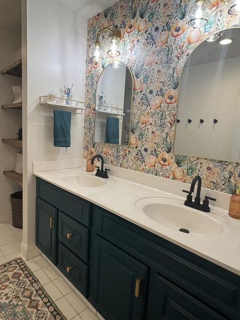 Home Design and Decor | My latest update to my kids bathroom…..painted the cabinet a deep teal, installed peel and stick behind the new mirrors, added a second light fixtur... | Facebook Rustic Bathroom Makeover, Green Shower Tile, Brass Sink Faucet, Diy Bathroom Makeover, Diy Budget, Green Flooring, Modern Farmhouse Bathroom, Diy Bathroom Remodel, The Cabinet