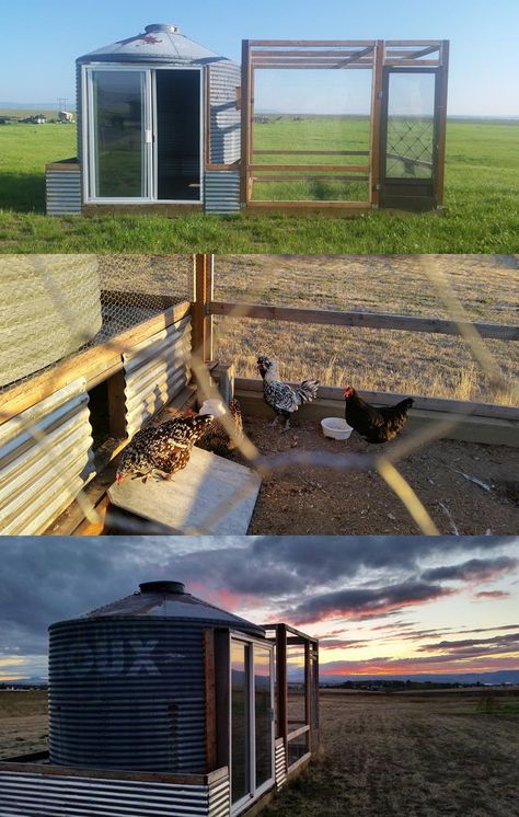 Chicken coop from a grain silo. Chicken Coop Silo, Silo Chicken Coop Ideas, Grain Bin Chicken Coop Silo House, Grain Silo Chicken Coop, Silo Chicken Coop, Grain Bin Chicken Coop, Silo Ideas, Turkey Coop, Duck Pen