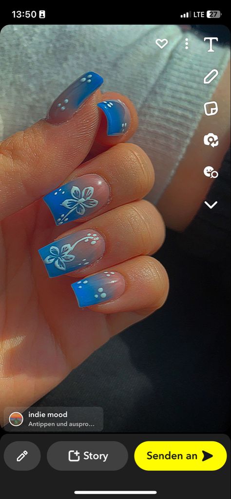 Teal Hawaiian Nails, Moana Acrylic Nails, Stitch Theme Nails, Lilo And Stitch Acrylic Nails, Beach Themed Nails Acrylic, Stitch Themed Nails, Tropical Themed Nails, Hawian Nails Acrylic, Moana Nails Acrylic