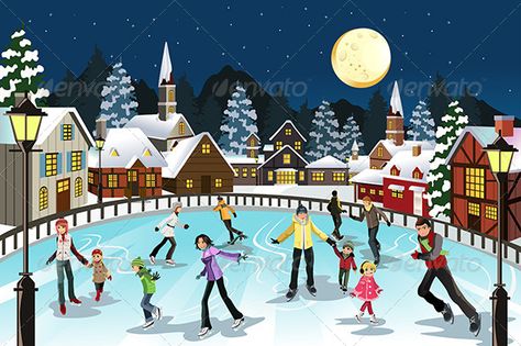 A vector illustration of people ice skating in an outdoor ice skating rink during the winter season. Vector illustration, zip arch Ice Skating Cartoon, People Ice Skating, Ice Skate Drawing, Vector Illustration People, Outdoor Ice Skating, Snow Vector, Christmas Ice Skates, Ice Skating Rink, Winter Art Projects