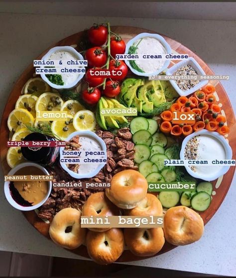 Mini Bagel Charcuterie Board, Bagel Boards, Bagels And Cream Cheese Platter, Bagel Party Platter, Bagel Charcuterie Board Ideas, Bagels And Lox Platter, Bagel Board, Bagel Bar Brunch Display, Work Breakfast