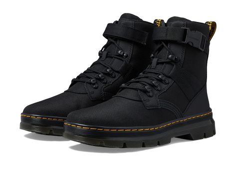 PRICES MAY VARY. The newly evolved Combs Tech II utility boot is built from a tough-yet-light hybrid of Accord leather and Poly Ripstop for relaxed wearability with classic DM’s edge. The headline silhouette from the casual Tract range is enhanced with echoes of our DNA throughout — with side webbing inspired by the heel loops, yellow popped eyelets, AirWair zip pulls and the trademark yellow stitching. Dr Martens Combs Tech, Mens Winter Shoes, Dr Martens Boots, Combat Boot, Boots Leather, Goodyear Welt, Crazy Horse, Winter Shoes, Moto Boots