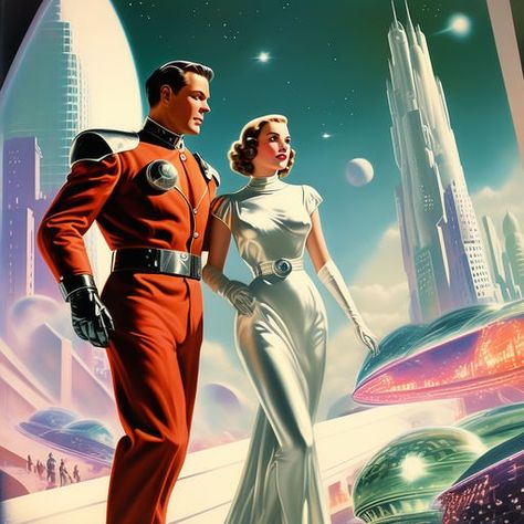 A 1930s Space Ranger rescuing a glamorous Hollywood sci-fi ... by Matt R - Playground Sci Fi Animation, 50s Futurism, Vintage Sci Fi Art, Retro Sci Fi Aesthetic, 60s Sci Fi, Ray Punk, Wavy Art, Vintage Sci Fi, Vintage Space Art