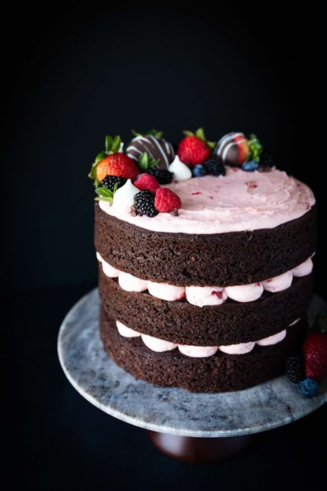 Chocolate Cake with Strawberry Buttercream | wyldflour Chocolate Cake With Strawberry Buttercream, Chocolate Cake Strawberries, 6 In Cake Ideas, Pretty Chocolate Cake, Cakes With Strawberries, Cute Chocolate Cake, Chocolate Cake With Strawberries, Strawberry Chocolate Cake, Flat Cakes