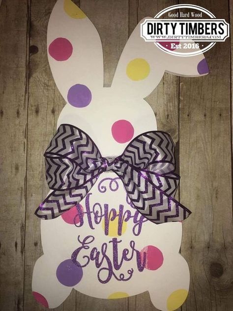 Easter Bunny Door Hanger, Rabbit Diy, Bunny Door Hanger, Door Hangers Diy, Unfinished Wood Crafts, Hanger Diy, Wood Cut, Diy Door, Diy Signs