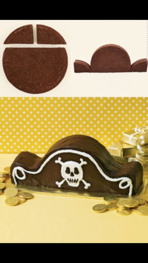 Super cute, and super easy to make pirate hat cake!!! Just cut a round cake, like shown, and decorate! Any one can do it! It's simple, yet very impressive! Easy Pirate Cake, Easy Party Themes, Pirate Cakes, Kids Pirate Party, Pirate Birthday Cake, Pirate Ship Cakes, Mermaid Pirate Party, Pirate Party Ideas, New Birthday Cake