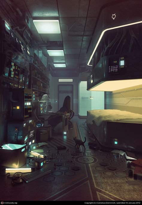 A Jade sort of space. Lots of stuff to tinker with and not much else. She isn't big on extraneous stuff. Cyberpunk Interior, 240z Datsun, Art Cyberpunk, Spaceship Interior, Bg Design, Sci Fi Environment, New Retro Wave, Cyberpunk Aesthetic, Arte Cyberpunk