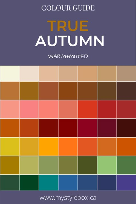 True Autumn Color Guide Pure Autumn Palette, True Autumn Color Outfits, True Autumn Colour Palette, True Autumn Color Palette Outfits, Autumn Season Color Palette, Warm Autumn Hair Color, Warm Autumn Color Palette Outfits, True Autumn Palette, True Autumn Outfits