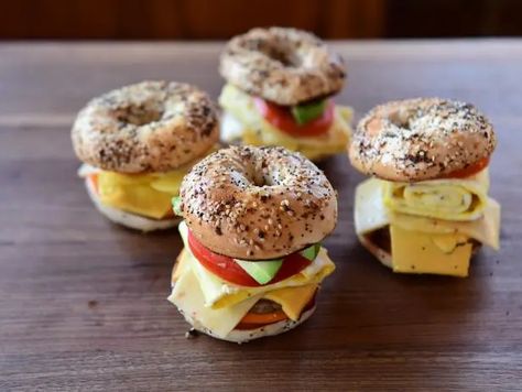 Mini Breakfast Bagel Sandwiches Bagel Breakfast Casserole, Mini Breakfast Food, Breakfast Staples, Breakfast Cinnamon Rolls, Bagel Sandwich Recipes, Food Network Recipes Pioneer Woman, Bagel Sandwiches, Breakfast Cinnamon, Bagel Breakfast