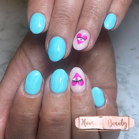 Blue nails with pink evil eye, turkish eye woth eyelashes Pink Evil Eye Nails, Purple And Pink Nails, Nails With Pink, Pink Evil Eye, Evil Eye Nails, Turkish Eye, Eye Nails, Dope Nail Designs, House Of Beauty