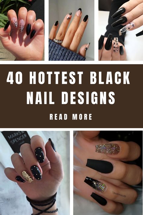 40 HOTTEST BLACK NAIL DESIGNS Trendy Black Nails Art Designs, Nail Designs Trending Now Black, Black Formal Nail Designs, Black Formal Nails Classy, Rockstar Nail Designs, Black Wedding Nails Bridesmaid, Black Gel Nails Designs, Nails For Rock Concert, Short Black Nails Designs Classy