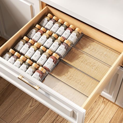 PRICES MAY VARY. 【𝐂𝐮𝐬𝐭𝐨𝐦𝐢𝐳𝐞 𝐘𝐨𝐮𝐫 𝐒𝐩𝐢𝐜𝐞 𝐒𝐭𝐨𝐫𝐚𝐠𝐞】Enhance your culinary space with our spice rack that adapts to your needs. This horizontally expandable spice organizer is designed to fit drawers from 10.63'' to 21.14'' in width. Opt for the compact 2 Tier- 2 Pack for shallower drawers or maximize your capacity with the 4 Tier- 4 Pack for deeper storage options. Create a seamless spice solution tailored to your kitchen. 【𝐋𝐚𝐫𝐠𝐞 𝐂𝐚𝐩𝐚𝐜𝐢𝐭𝐲】Unlock the full potentia Add More Storage To Kitchen, Spice Rack Drawer Organizer, Organizing Spices In A Drawer, Spice Drawers In Kitchen, Small Kitchen Maximum Storage, Kitchen Drawers For Plates, Cabinet Organizers Kitchen, Spice Storage Ideas For Kitchen, Luxury Kitchen Items