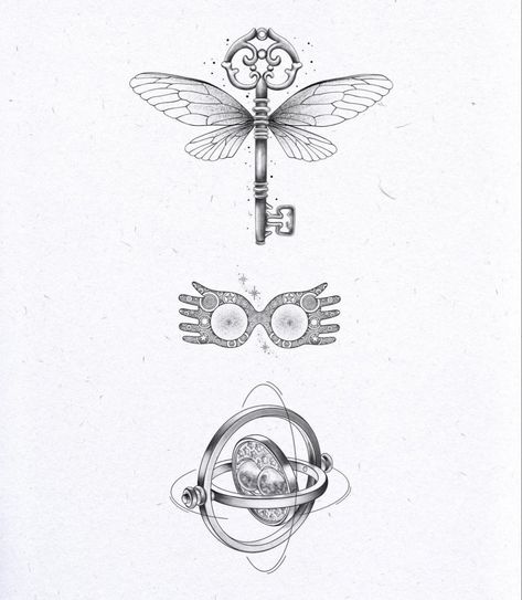 Boho Harry Potter Tattoo, Luna Glasses Tattoo, Harry Potter Keys With Wings Tattoo, Harry Potter Winged Key Tattoo, Timeturner Harry Potter Tattoo, Flying Keys Harry Potter Tattoo, Time Turner Drawing, Harry Potter Flying Key Tattoo, Key With Wings Tattoo