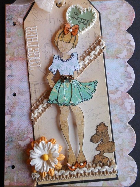 Lani's Prima Paper Doll is "Sweeeeeeeet"! So many wonderful Prima embellies, too. And Lani's signature .... always a puppy dog on her tag! Prima Paperdoll Club at Simple Pleasures. Prima Mixed Media Dolls, Prima Paper Dolls, Prima Doll Stamps, Julie Nutting, Stamp Tag, Mixed Media Tags, Scrapbook Tag, Paper Tags, Doll Crafts