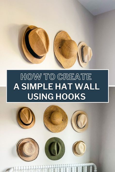 Have you ever seen something and been instantly inspired? That’s what happened to me when I saw pictures of my friend showing stunning hat wall that she lovingly refers to as functional art! I myself have a few hats (several of which are thrifted)…nowhere near as many as hers, but enough to make some wall art with. So, that’s what I did, and this post is all about how to create a simple hat wall using hooks. Hats On Wall Display Bedroom, How To Display Hats On A Wall, How To Hang Hats On Wall Diy, How To Hang Hats On Wall, Wall Hat Rack Ideas, Hat Wall Display Bedrooms, Hat Display Ideas Wall, Hats On Wall, Hang Hats