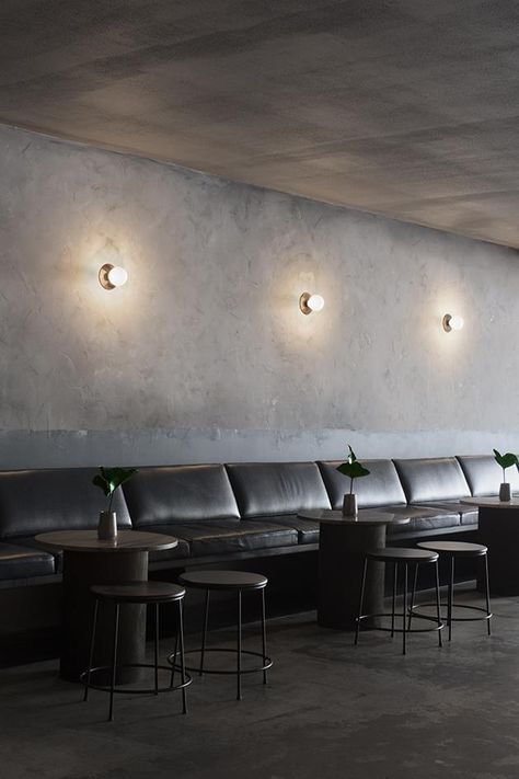 Expressive materials, sculptural forms and evocative use of light and colour at Locura, by Pattern Studio Plug In Wall Lamp, Spot Design, Lustre Design, Banquette Seating, Salon Interior Design, Salon Design, Mode Design, Light Installation, Edison Bulb