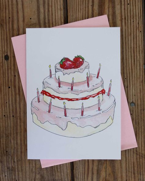 "This card is 5x7\", blank inside and comes with a matching envelope. Each greeting card and envelope is packed in a plastic sleeve." Candles Watercolor, Candles Illustration, Birthday Strawberry Shortcake, Candle Illustration, Birthday Cake Illustration, Birthday Cake Greetings, Happy Birthday Illustration, Cake Illustration, Watercolor Birthday Cards