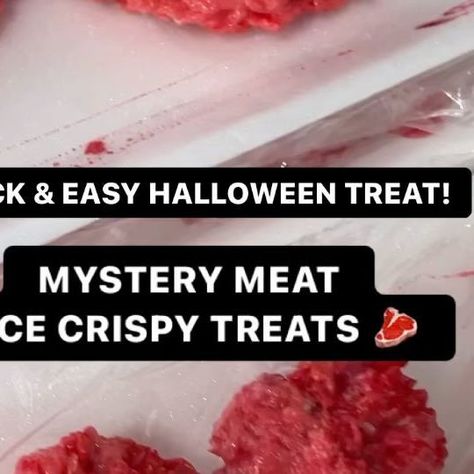 Ashly | Easy Recipes on Instagram: "Make this for your next Halloween party! 🥩 👻 These quick and easy “Mystery Meat” Rice Crispy Treats are spooky and delicious! What you need: 6 cups Rice Crispy Cereal 1/4 Cup Butter 10oz bag of Marshmallows Red Food Coloring Optional: Trays(I got them at dollar tree) Plastic wrap I mixed honey and a little food coloring to give the “blood” effect on the trays! Quick tip: spray your spatula and gloves with oil that way the treats don’t stick on it and Rice Crispy Cereal, Halloween Treats Easy, Rice Crispy Treats, Red Food Coloring, Crispy Treats, Red Food, Rice Crispy, Plastic Wrap, Marshmallows