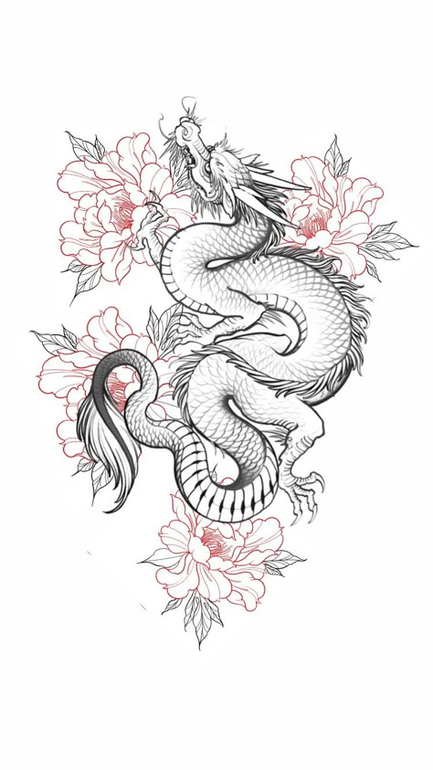 Chinese Dragon Tattoo Stencil, Dragon And Peony Tattoo, Chinese Theme Tattoo, Traditional Chinese Dragon Tattoos, Traditional Japanese Dragon Tattoo Designs, Dragon Chino Tattoo, Feminine Dragon Tattoo For Women, Dragon Tattoo With Flowers, Dragon Tattoo Stencil