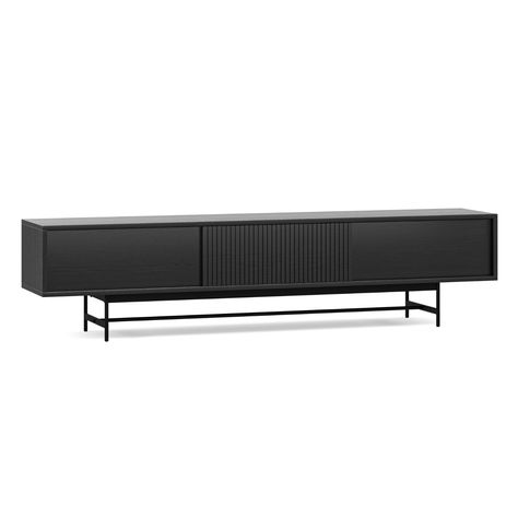 Arae 210cm Oak TV Entertainment Unit in Black | L3 Home Oak Wood Texture, Modern Tv Unit, Tv Entertainment Unit, Tv Entertainment Units, Stained Oak, Media Storage, Desk Shelves, Modern Minimalism, Black Stains