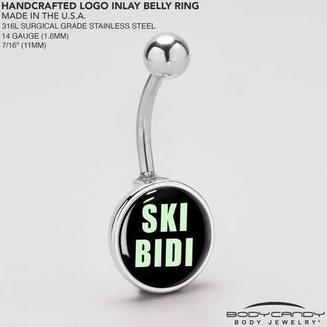 Product DetailsSKIBIDI Belly Ring If you like to keep your look random or your humor in the toilet, this 14 gauge navel ring has you set. It's made with a 7/16 inch 316L surgical grade stainless steel curved barbell with a 5mm top ball end. The bottom end features a black background with SKIBIDI written on it in green block letters. Let a little potty humor add levity to your look with this silly slang belly piercing jewelry. Specifications: 14 Gauge (1.6mm), 7/16" (11mm), 316L Surgical Grade St Weird Belly Button Piercing, Funny Belly Button Rings, Side Nose Piercing Jewelry, Fun Belly Button Rings, Naval Piercings, Colorful Piercings, Cute Tongue Piercing Jewelry, Piercing Set Up, Belly Piercings