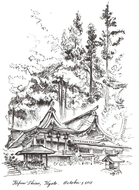 Kifune Shrine, Kyoto. Sketch by Jim Stewart. Japanese Shrine Drawing, Japanese Temple Drawing, Japanese House Drawing, Kifune Shrine, Master Sketches, Japanese Sketch, Forest Temple, Temple Drawing, Japanese Shrine