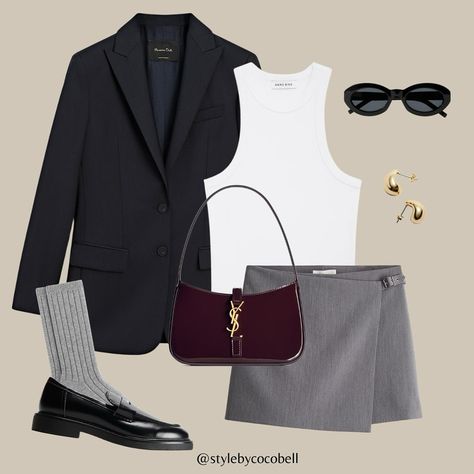 Channeling preppy vibes with this look: navy blazer, white ribbed tank, grey mini skirt, and loafers with grey socks. Complete with a burgundy bag, black cool sunglasses, and gold earrings 📚 Would you wear it? Comment LINKS to get the outfit links straight to your DMs 💌 Or shop the look through August highlights / link in bio 👆🏼 #virtualstylist #personalstylist #stylistlife #fashionaddict #fashionlover #fashionista #fashionblog #fashionstyling #fashionstyle #fashionblogger #styleblogger #... Loafers And Mini Skirt, Burgundy Bag Outfit, Navy Blazer Outfit, Grey Mini Skirt Outfit, Grey Skirt Outfit, Blazer Skirt Outfit, Navy Blazer Outfits, Gray Skirt Outfit, 2024 Ootd