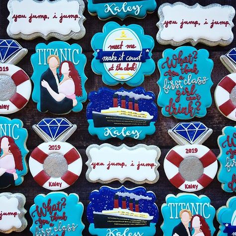 A Titanic bachelorette party is a trend I can get behind . . . . . . #titanic #titaniccookies #titanicparty #bacheloretteparty… Titanic Cookies, Rose Sugar Cookies, Titanic Jack And Rose, Titanic Party, Jack And Rose, Titanic Museum, Titanic History, Graduation Ideas, Trivia Games