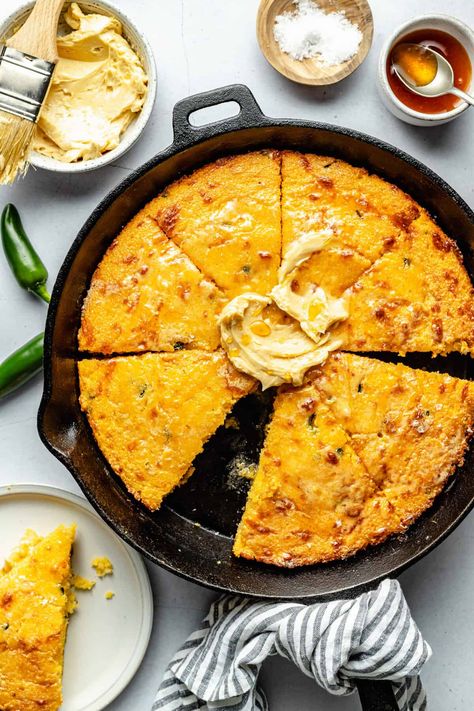 Jalapeño Cornbread With Honey Butter, Skillet Jalapeno Cornbread, Cheddar Jalapeño Cornbread, Hot Honey Dessert, Jalapeño Honey Cornbread, Cornbread Breakfast Ideas, Jalapeño Cheese Cornbread, Hot Honey Cornbread, Jalapeños Cornbread