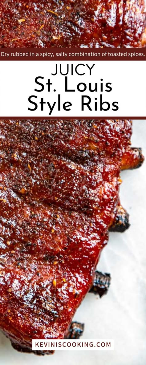 These St. Louis Style Ribs are dry rubbed in a spicy, salty combination of toasted spices, slathered with mustard, and can be cooked either in your oven or on your grill. The apple mop sauce guarantees moist, juicy St Louis ribs! St. Louis Style Ribs are tender and moist. They’re fatty and full of flavor, and actually very easy to grill! With the right rub and the right technique, the meat will fall off the bone and melt in your mouth. Grilling St Louis Style Ribs, Ribs On Oven, Bbq Baby Back Ribs On The Grill, Bbq St Louis Ribs On The Grill, St Louis Ribs In Air Fryer, Slow Roasted St Louis Ribs In Oven, Crock Pot St Louis Style Ribs, Slow Cooker St Louis Style Ribs, Slow Smoked Ribs