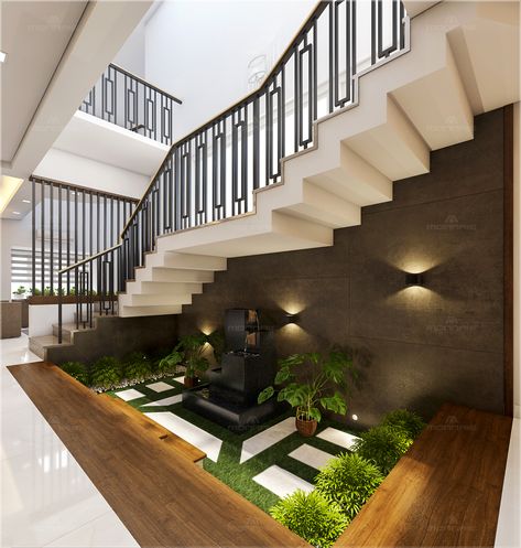 Stair Courtyard Design, Courtyard Under Staircase, Staircase Under Space Ideas, Stair Area Design, Staircase With Plants, Client Office, 2023 Landscape, Under Staircase, Office Landscape