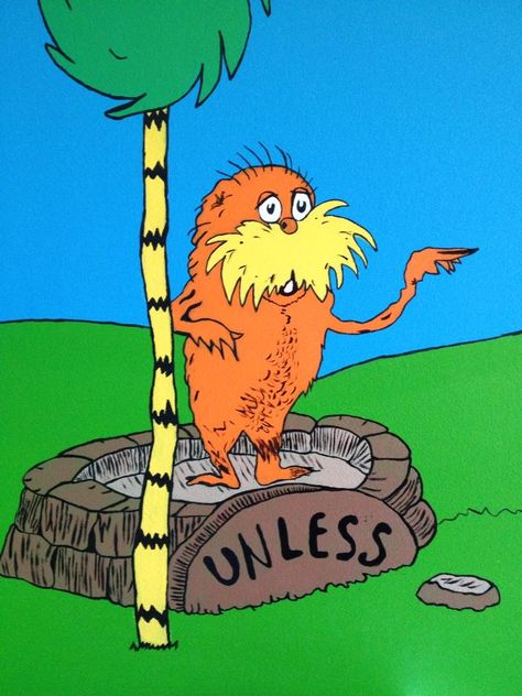 Part of the Lorax mural on the wall in the baby's Dr. Seuss room. I finally finished painting him! The Lorax Painting Canvases, Lorax Painting, Dr Seuss Room, The Lorax Characters, Dr Seuss Illustration, Earth Posters, Dr Seuss Art, Painted Bricks, Coding Class