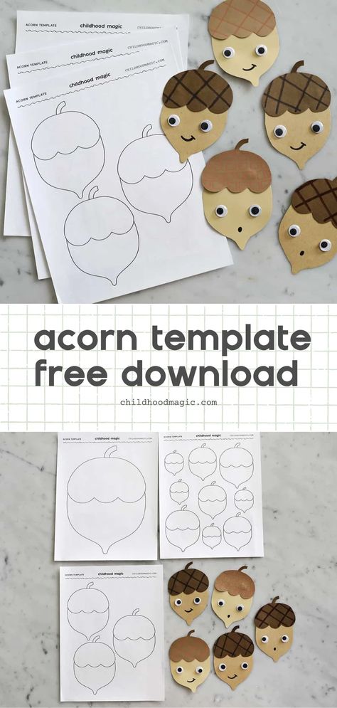 Acorn Template - Free Printable - Childhood Magic Acorn Paper Craft, Acorn Patterns Free Printable, Acorn Template, Bus Crafts, Room Activities, Fall Crafting, How To Make A Paper Bag, Acorn Crafts, Valentine's Day Printables