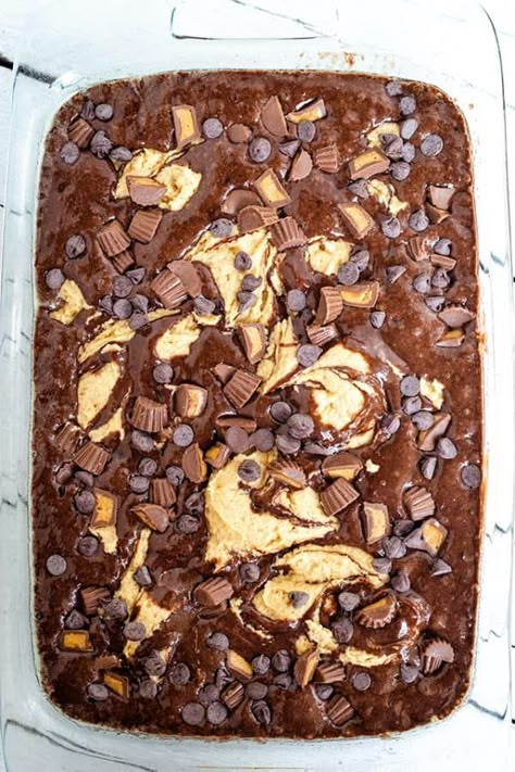 Chocolate Peanut Butter Earthquake Cake - Do you love chocolate peanut butter desserts?! This decadent chocolate peanut butter earthquake cake is your dessert. Chocolate cake loaded with peanut butter cheesecake, peanut butter cups, and milk chocolate chips all stuffed into one dessert. No need for frosting here! #chocolate #chocolatecake #chocolatepeanutbutter #peanutbutter #cake #chocolatechip #dessertfoodrecipes #desserts #dessertrecipes Chocolate Peanut Butter Earthquake Cake, Peanut Butter Earthquake Cake, Birthday Cake Peanut Butter, Desserts For One, Groot Koeke, Cheesecake Peanut Butter, Earthquake Cake Recipes, Cake Peanut Butter, Sheep Cupcakes