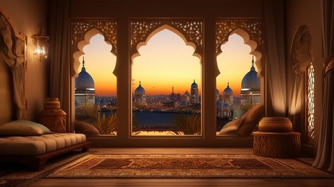 Balcony Window An Ancient City At Night 3d Illustration Of Arabic Room With Arched Windows And Furniture#pikbest#Backgrounds#Homepage Arabic Room, Castle Rooms, Gacha Backgrounds, Balcony Window, Interior Design House, City At Night, Luxury Background, Ancient City, Arched Windows