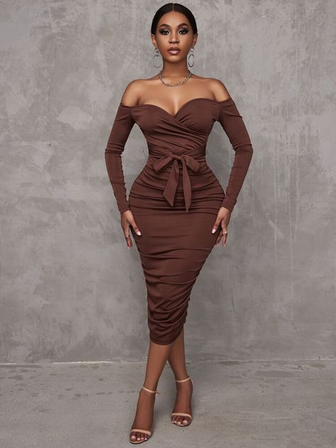 SHEIN SXY Off Shoulder Ruched Belted Bodycon Dress | SHEIN USA Nude Dresses For Wedding Guests, Dark Brown Dress Outfit, Brown Dresses Outfit, Nude Bodycon Dress, Diner Dress, Girls Night Outfit, Rouched Dress, African Wear Dresses, Work Dresses For Women