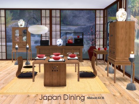 K - ShinoKCR's Japan Dining Sims 4 Japanese Kitchen, Japanese Themed Bedroom, Sims 4 Japanese Cc, Japan Bedroom, Asian Sims, Vibrant Bedding, Sims 4 Kitchen, Japanese Dining, Japanese Decor