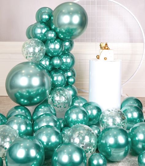 PRICES MAY VARY. [ Package Included ] - 20pcs 5 inch metallic green balloons, 25pcs 12 inch metallic green balloons, 2pcs 18 inch metallic green balloons, 5pcs green confetti balloons, 1 garland strip, 1 ribbon, and 1 dot glue [ Unique Combination ] - This is a new combination of different sizes of metallic turquoise balloons and green confetti balloons. It's unique and beautiful, and will make your party even more exciting and fun [ Applicable Scene ] - These metallic green balloons set can wid Aqua Balloon Decorations, Black And Teal Party Decorations, Turquoise Birthday Decorations, Turquoise Birthday Party Ideas, Tiffany And Co Party Decorations, Tiffany Themed Birthday Party, Mint Party Decorations, Teal Party Decorations, Turquoise Balloons