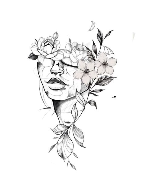 Woman’s Face With Flowers Tattoo, Women Sleeve Tattoo Drawing, Feminine Art Tattoos, Lion Woman Tattoo Design, Tattoo Of Faces Woman, Head And Flower Tattoo, Face Of Woman Tattoo, Women Faces Tattoos, Tattoos Of Faces For Women