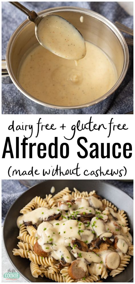 Our versatile dairy free alfredo sauce is perfect for adding on top of your favorite allergy friendly pasta or other dishes! This recipe is thick and creamy, flavorful, and is made without cashews and doesn't require a food processor. | thefitcookie.com #dairyfree #glutenfree Easy Dinner Recipes For Two Dairy Free, Easy Alpha Gal Recipes, Gf Df Lunch, Recipes For Dinner Dairy Free, Non Dairy Pasta Recipes, Paleo Alfredo, Dairy Free Sauce Recipes, Dairy Free Dinner Recipes, Eoe Recipes