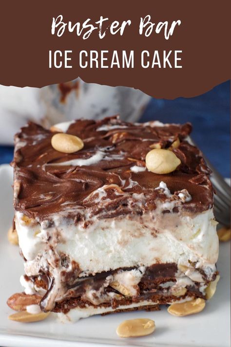 This Buster Bar Ice Cream Cake recipe tastes just like a Dairy Queen buster bar! Quick and easy to make, with layers of ice cream sandwiches, chocolate fudge, vanilla ice cream and chocolate magic shell, this dessert will leave everyone begging for more! Buster Bar Dessert, Desserts Potluck, Buster Bar, Buster Bars, Pool Snacks, Picnic Desserts, Easy Ice Cream Cake, Chocolate Fudge Sauce, Cream Cake Recipe