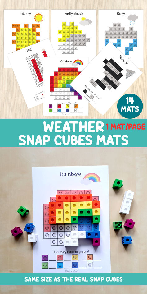 These NO PREP hands-on Weather themed snap cubes mats or task cards are a great activity for practicing counting and fine motor skills. You will receive 14 mats with the snap cubes in real size. #snapcubes #snapcubesmats #connectingcubes #taskcards #snapcubesactivities #mathcenters #preschoolcenters #preschoolmath #kindergartenmaterials #homeschoolresources #countingactivities  #numbersforkids #educationalprintables #printablegames #teachingmaterials #teacherresources #weatherforkids #counting Snap Cubes Activities, Occupational Therapy Schools, Weather For Kids, Snap Cubes, Preschool Counting, Preschool Centers, Numbers For Kids, Counting Activities, Educational Printables