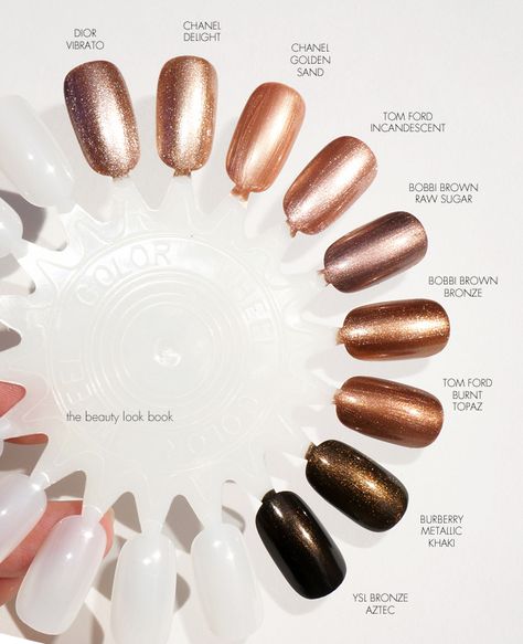 The Beauty Look Book: Color Focus | Bronze and Metallic Nail Lacquers Bronze Dip Powder Nails, Copper Dip Powder Nails, Brown Metalic Nails, Chrome Nails Bronze, Brown Bronze Nails, Copper Brown Nails, Bronze Gel Nails, Metallic Dip Nails, Metallic Brown Nails