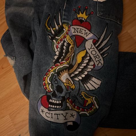 y2k Ed Hardy baggy straight leg embroidered... - Depop Ed Hardy Baggy Jeans, Y2k Ed Hardy, Dream Things, Outfit Inspired, Embroidered Jeans, Ed Hardy, Baggy Jeans, My Vibe, Types Of Fashion Styles