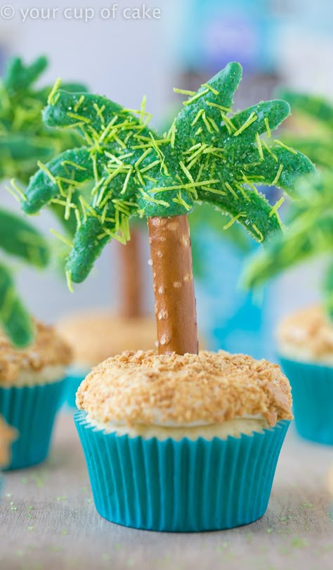 Palm Tree Cupcakes - Your Cup of Cake Palm Tree Pretzel Rods, Palm Tree Cupcakes, Hawaii Cupcakes Ideas, Luau Theme Cupcakes, Maui Cupcakes, Tree Pretzels, Beach Desserts, Cupcake Beach Theme, Hawaiian Cupcakes